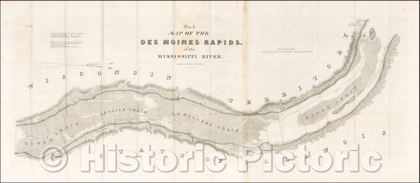 Historic Map - Map of the Des Moines Rapids of the Mississippi River, 1837, Robert E. Lee v2
