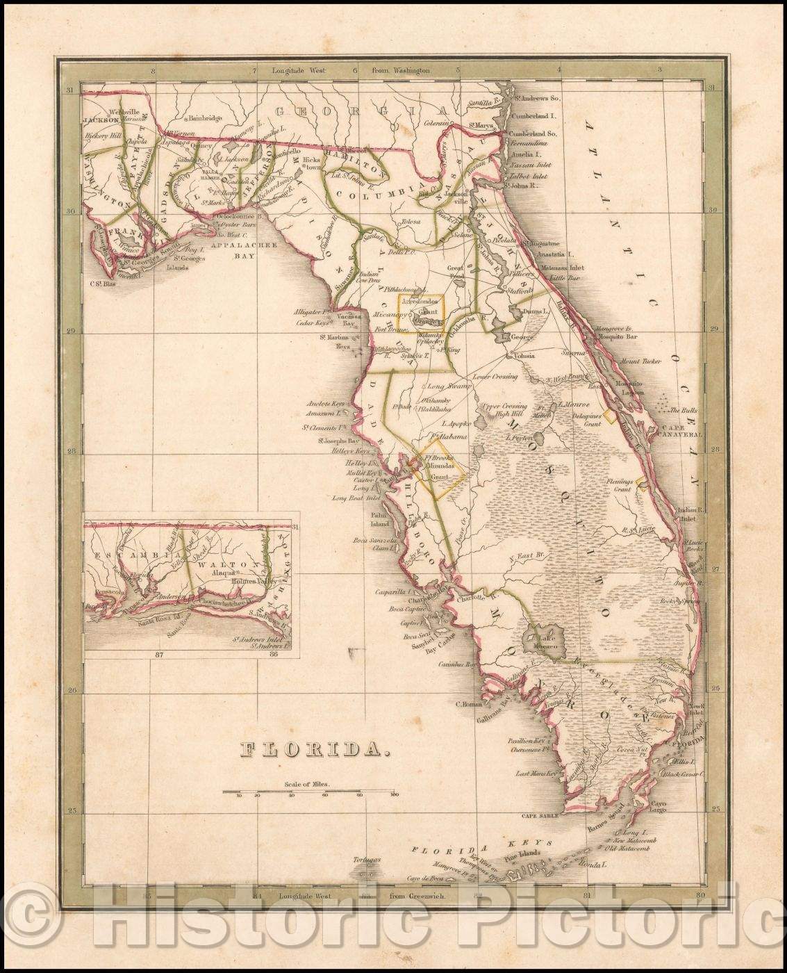 Historic Map - Florida, 1835, Thomas Gamaliel Bradford - Vintage Wall Art