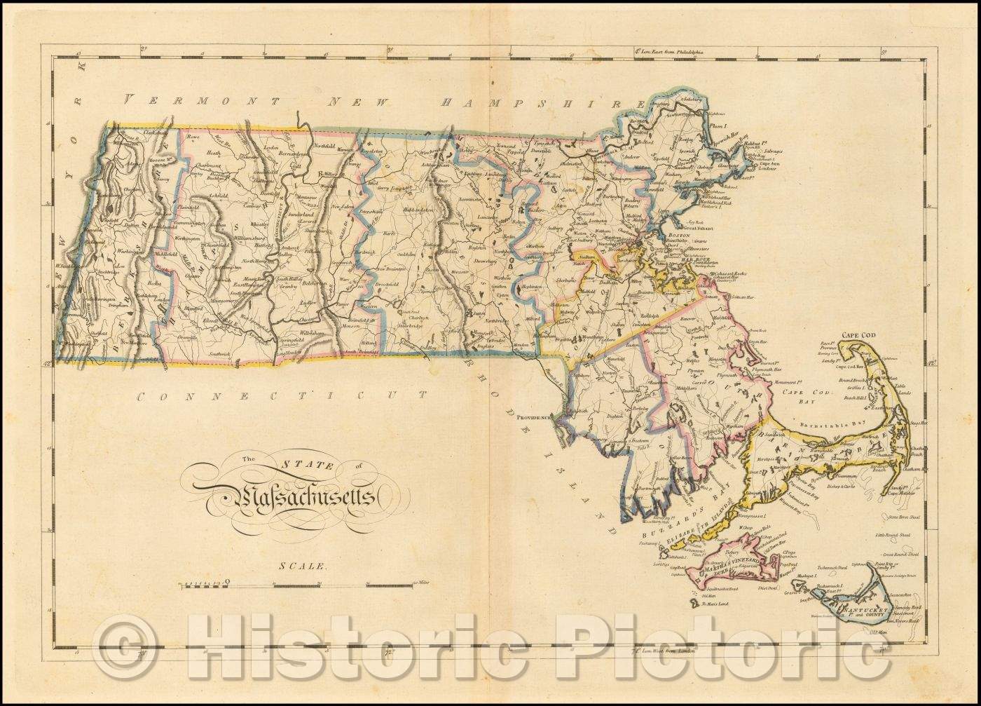 Historic Map - The State of Massachusetts, 1814, Mathew Carey - Vintage Wall Art