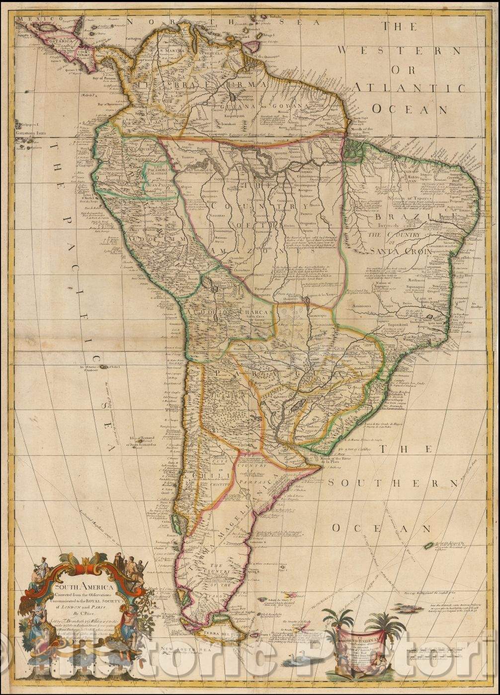 Historic Map - South America Corrected from the Observations Communicated to the Royal Society's of London and Paris, 1713, Charles Price - Vintage Wall Art