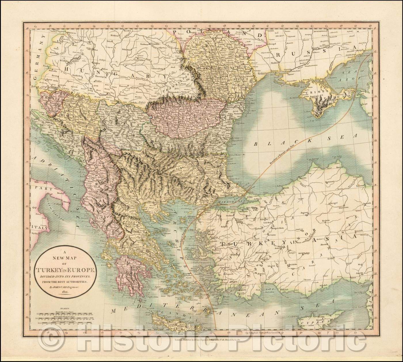 Historic Map - A New Map of Turkey In Europe, Divided into its Provinces, 1801, John Cary - Vintage Wall Art