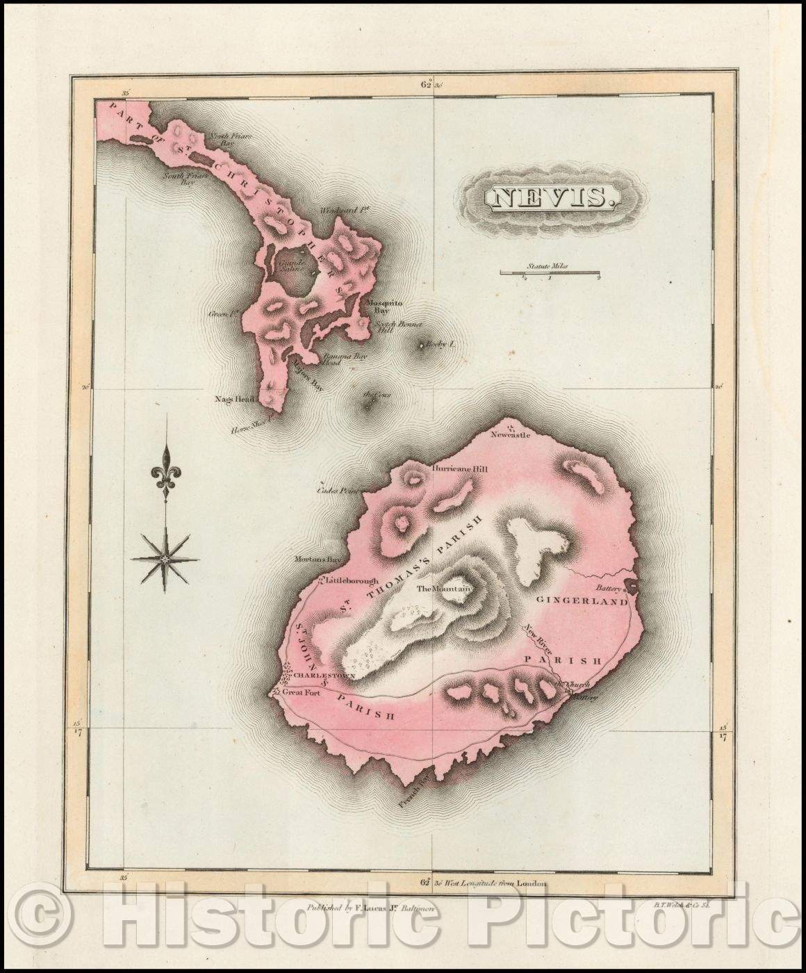 Historic Map - Nevis (and part of St. Kits), 1823, Fielding Lucas Jr. v1