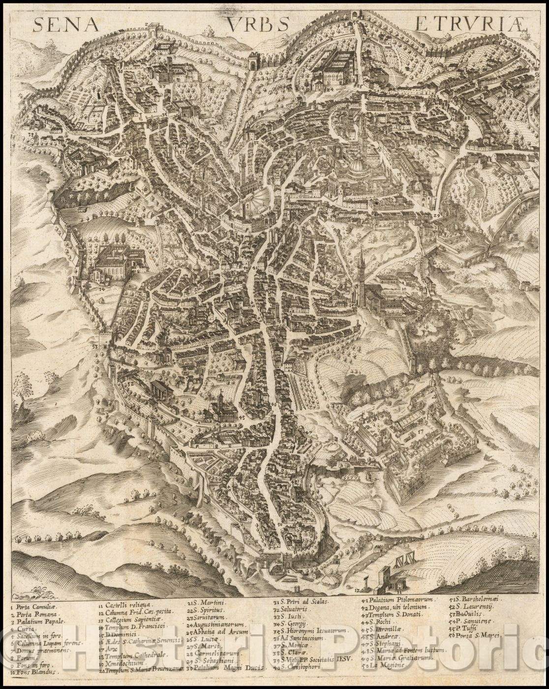 Historic Map - Sena Urbs Etruvriae/Birdseye View of Siena, published in Augsburg, 1625, Johann Heinrich von Pflaumern - Vintage Wall Art