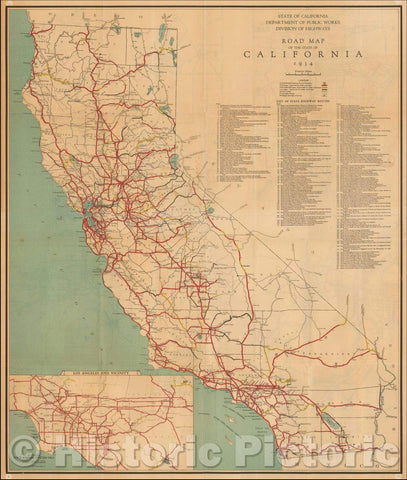Historic Map - Road Map of the State of California, 1934, State of California Division of Highways - Vintage Wall Art