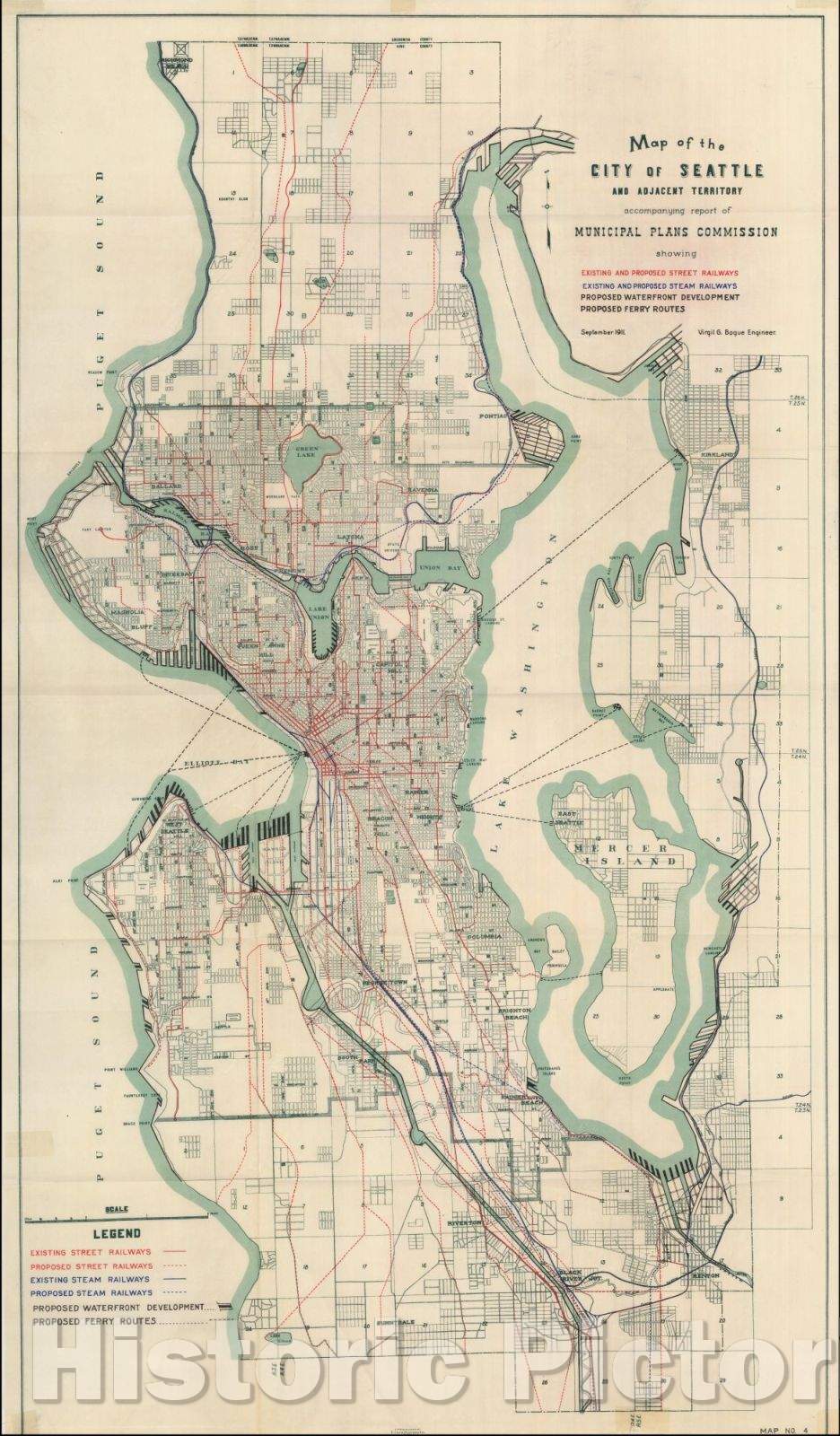 Historic Map - Map of the City of Seattle and Adjacent Territory accompany report of Municipal Plans Commission showing Existing and Proposed Railways, 1911 v2