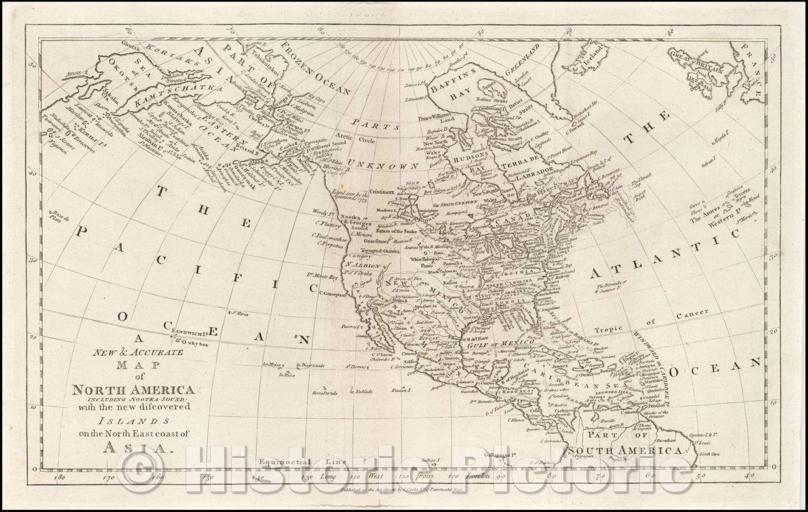 Historic Map - New & Accurate Map of North America Including Nootka Sound: with new discovered Islands on the East Coast of Asia, 1785, C. Cooke - Vintage Wall Art