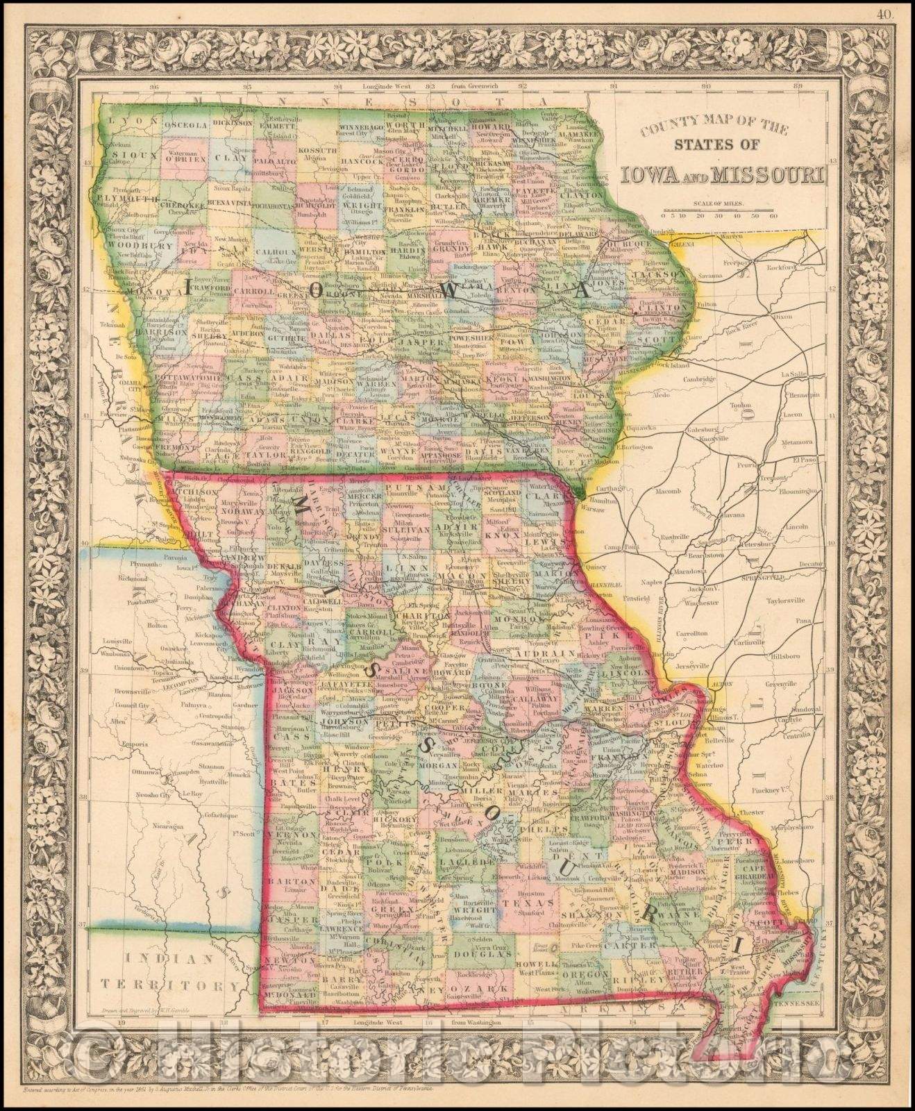 Historic Map - County Map of the States of Iowa and Missouri, 1865, Samuel Augustus Mitchell Jr. - Vintage Wall Art