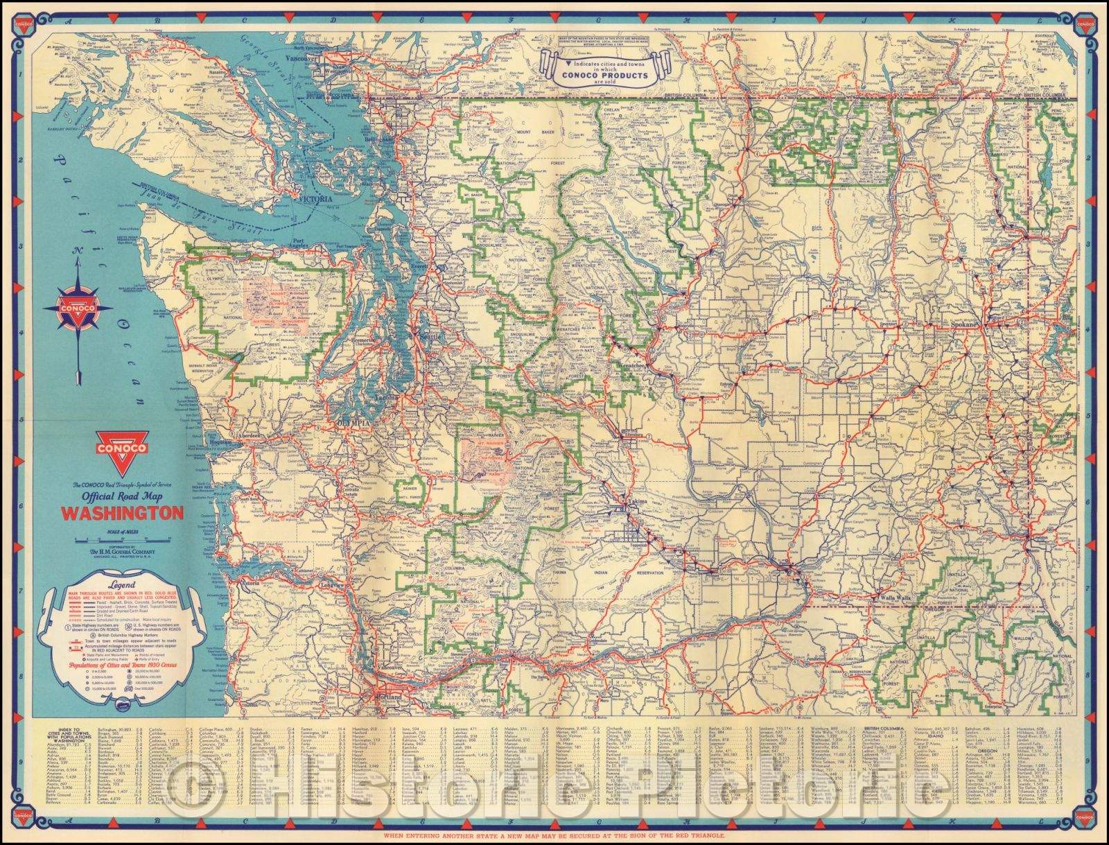 Historic Map - Official Road Map Washington, 1930, Gousha Company - Vintage Wall Art