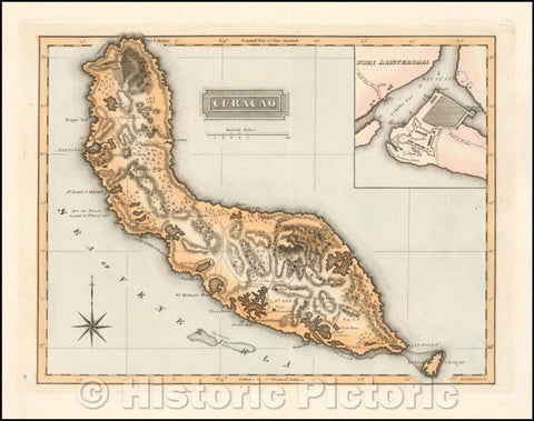 Historic Map - Curacao (with Fort Amsterdam inset), 1823, Fielding Lucas Jr. - Vintage Wall Art