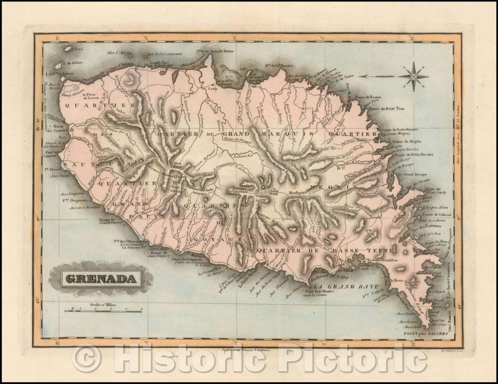 Historic Map - Grenada, 1823, Fielding Lucas Jr. - Vintage Wall Art