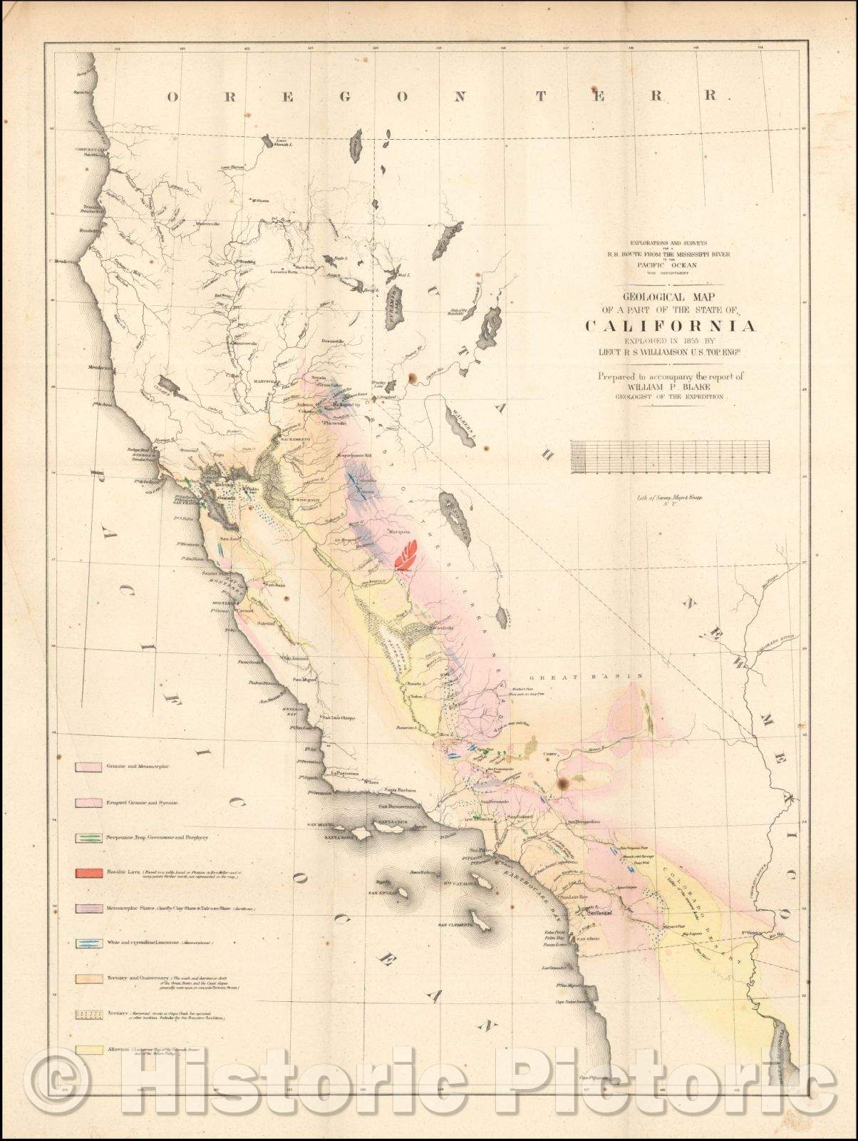 Historic Map - Geological Map of a Part of the State of California Explored in, 1853, U.S. Pacific RR Survey - Vintage Wall Art