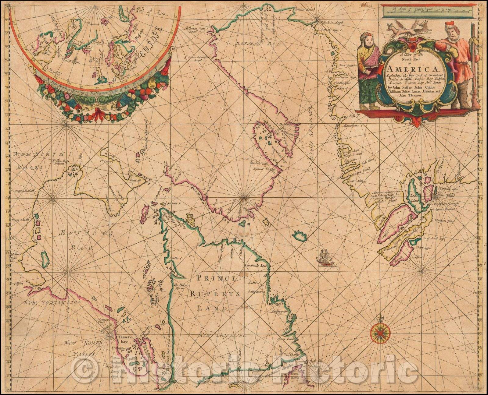 Historic Map - A Chart of The North Part of America. Describing the Sea Coast of Groenland Davies Streights Baffins Bay Hudsons Streights Buttons Bay, 1678 - Vintage Wall Art