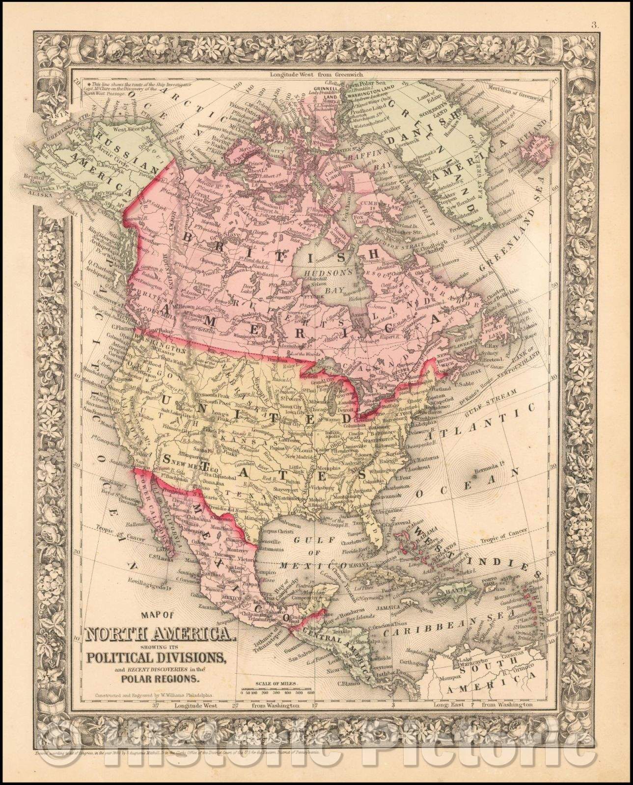 Historic Map - Map of North America Showing Its Political Divisions, and Recent Discoveries in the Polar Regions, 1863, Samuel Augustus Mitchell Jr. - Vintage Wall Art