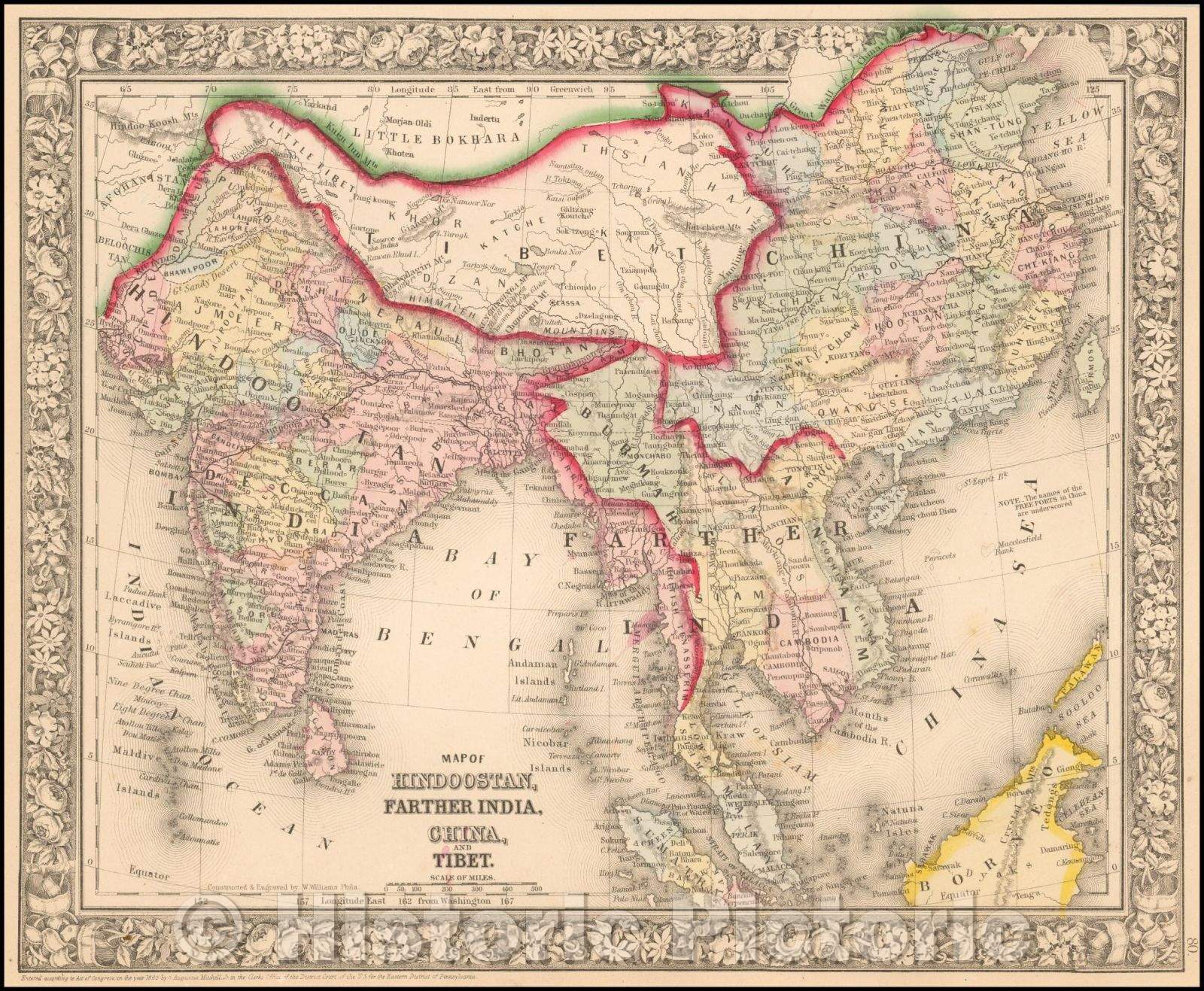Historic Map - Map of Hindoostan, Farther India, China and Tibet, 1865, Samuel Augustus Mitchell Jr. - Vintage Wall Art