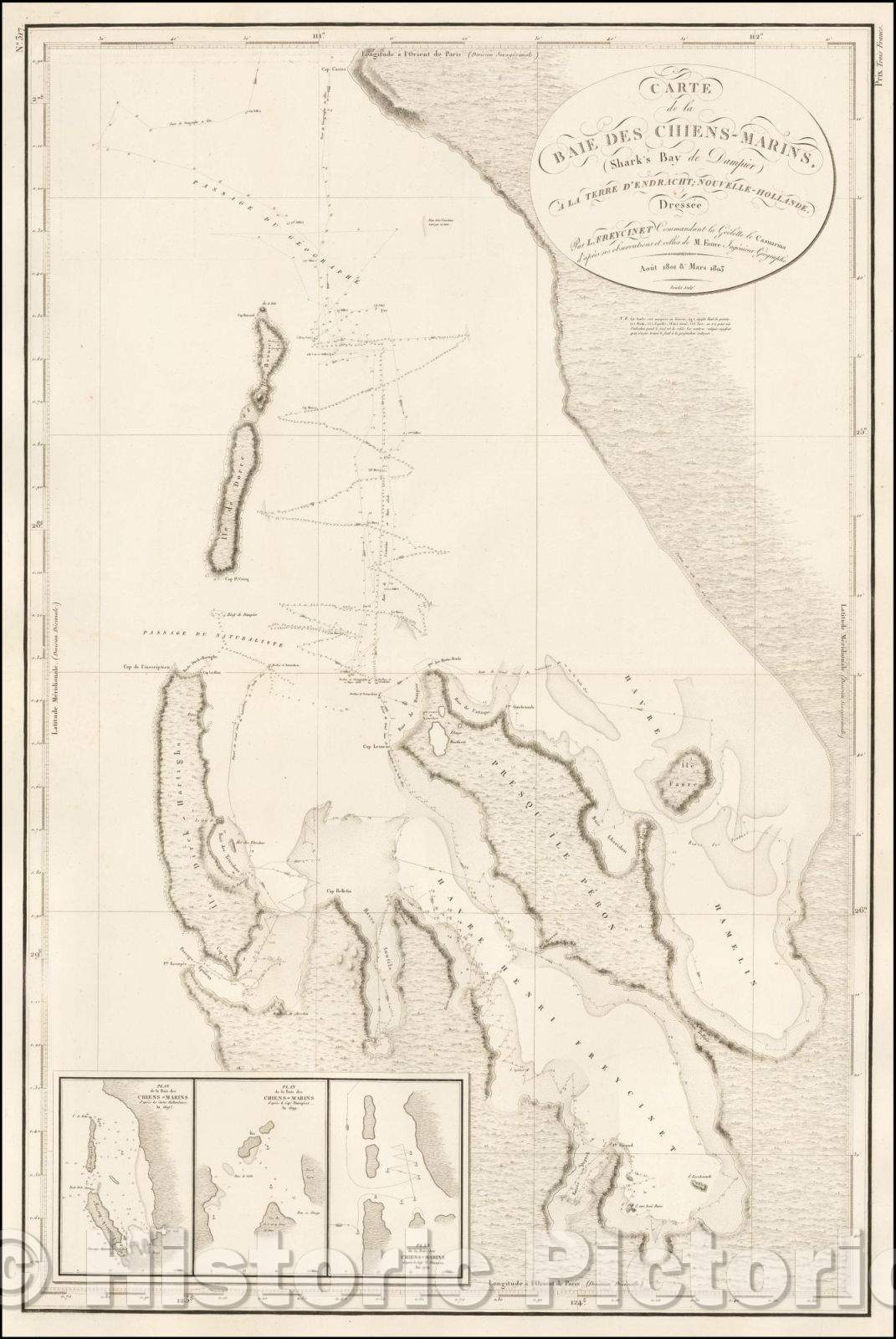 Historic Map - Carte de la Baie Des Chiens-Marins, (Shark's Bay de Dampier) A La Terre D'Endracht :: Western Australia, the Baie des Chiens-Marins, 1812 - Vintage Wall Art