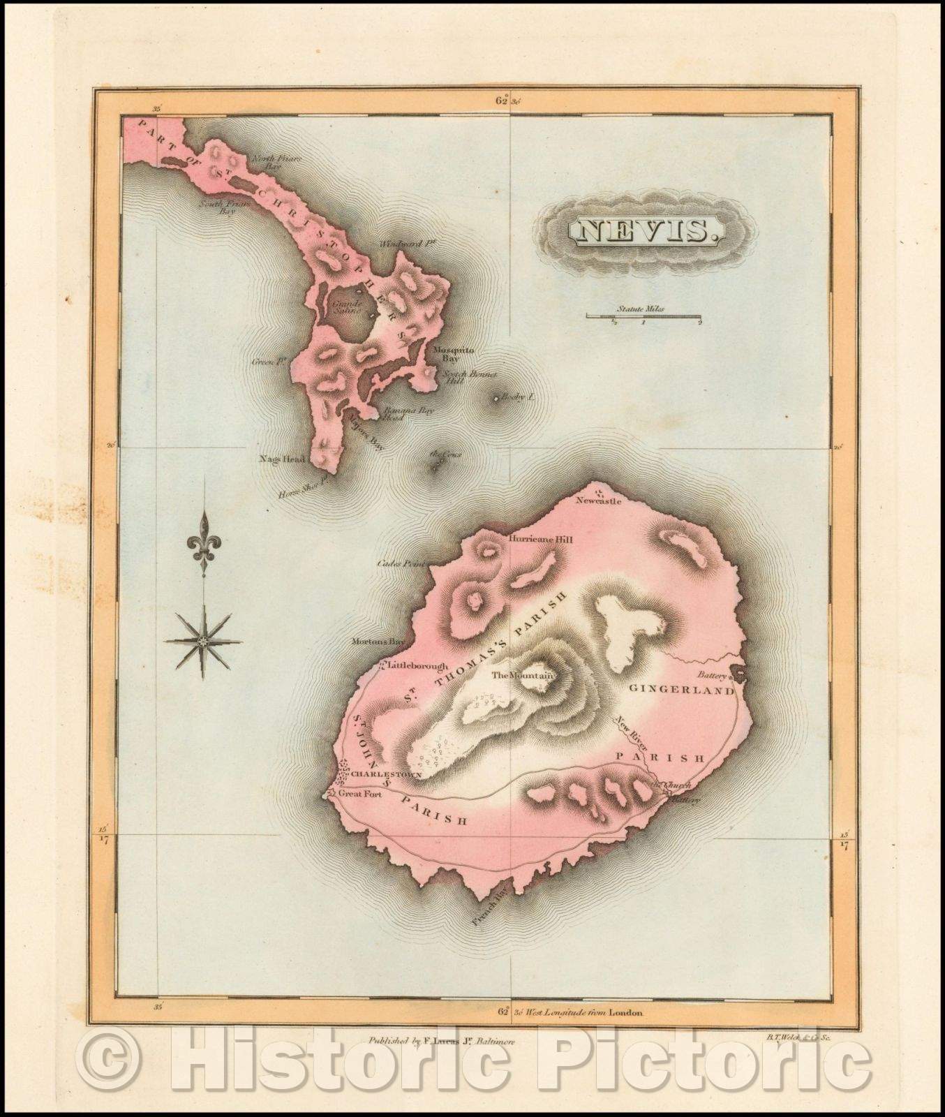 Historic Map - Nevis (and part of St. Kits), 1823, Fielding Lucas Jr. v2