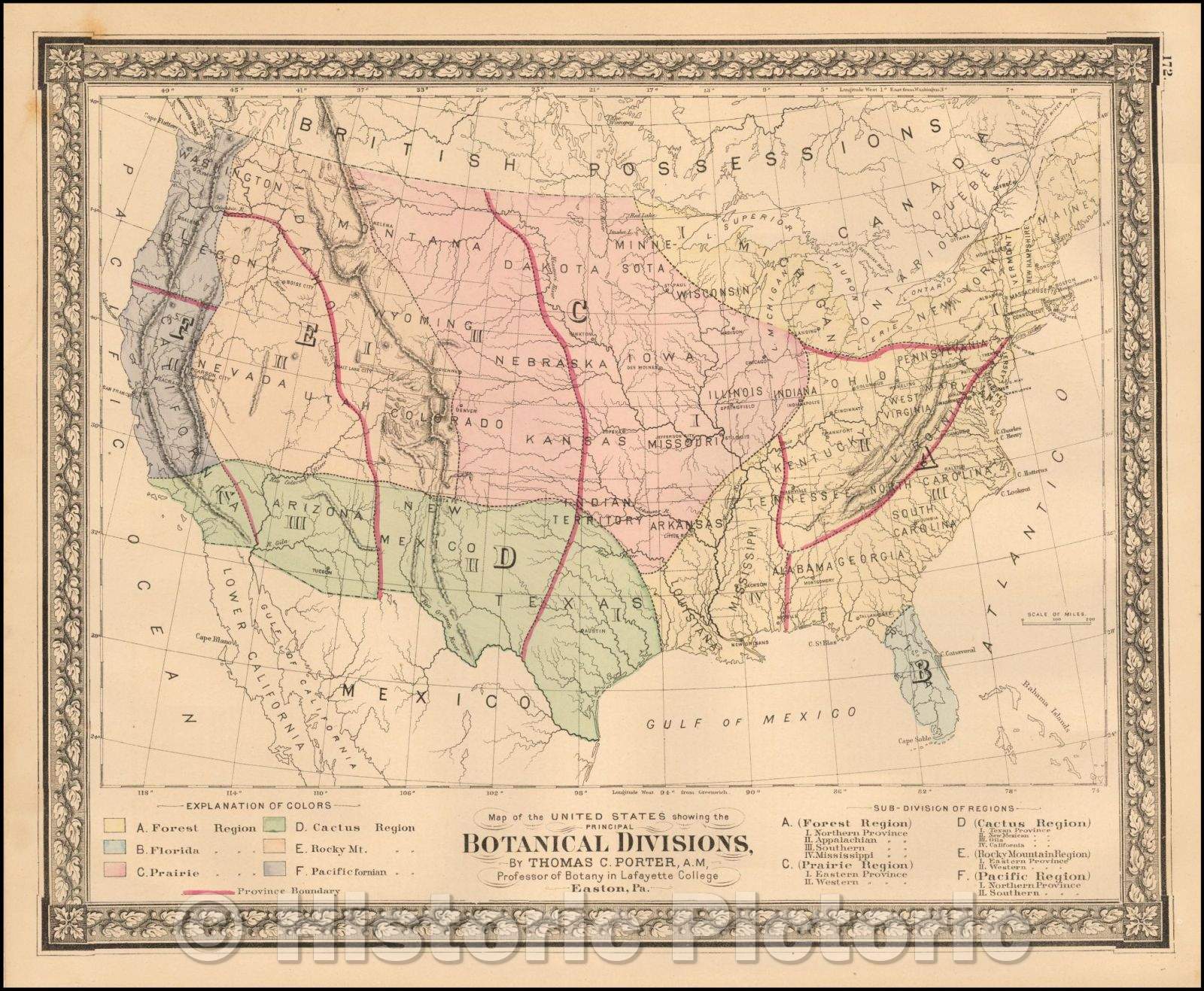 Historic Map - Map of the United States Showing the Principal Botanical Divisions, 1878, O.W. Gray - Vintage Wall Art