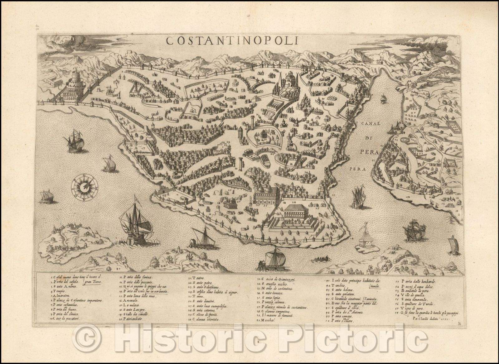 Historic Map - Costantinopoli, 1570, Claudio Duchetti - Vintage Wall Art