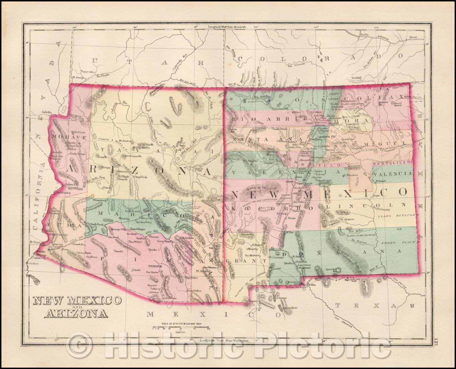 Historic Map - New Mexico and Arizona, 1879, O.W. Gray - Vintage Wall Art