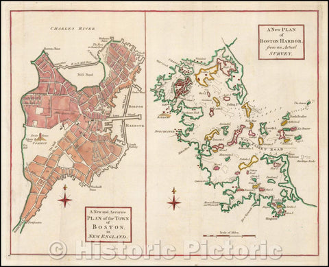Historic Map - A New and Accurate Plan of the Town of Boston in New England. [with] A New Plan of Boston Harbor from an Actual Survey, 1774 - Vintage Wall Art