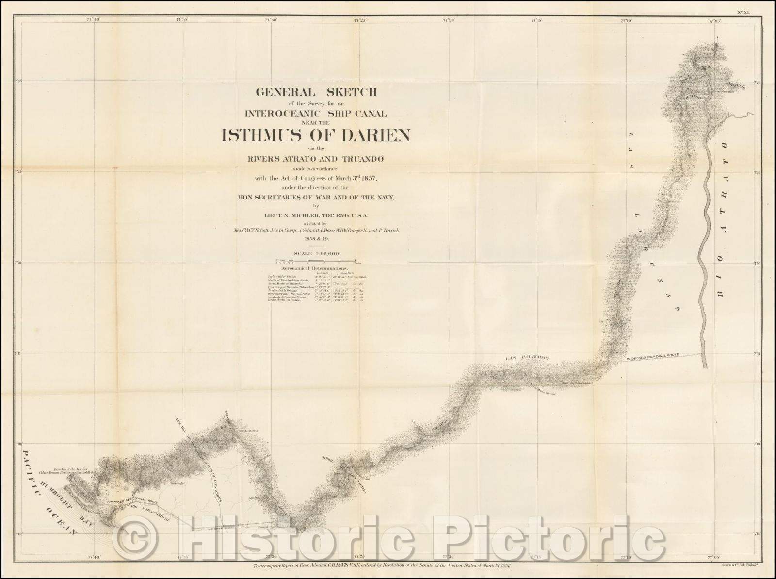 Historic Map - General Sketch of the Survey for an Interoceanic Ship Canal near the Isthmus of Darien via the Rivers Atrato and Truando, 1866, Bowen & Co. - Vintage Wall Art