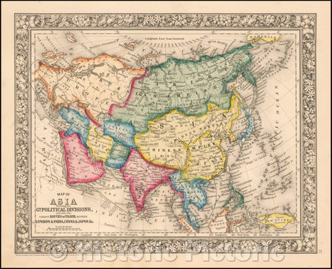 Historic Map - Map of Asia Showing its Gt. Political Divisions and.Routes of Trade between London & India, China, Japan, 1863, Samuel Augustus Mitchell Jr. - Vintage Wall Art