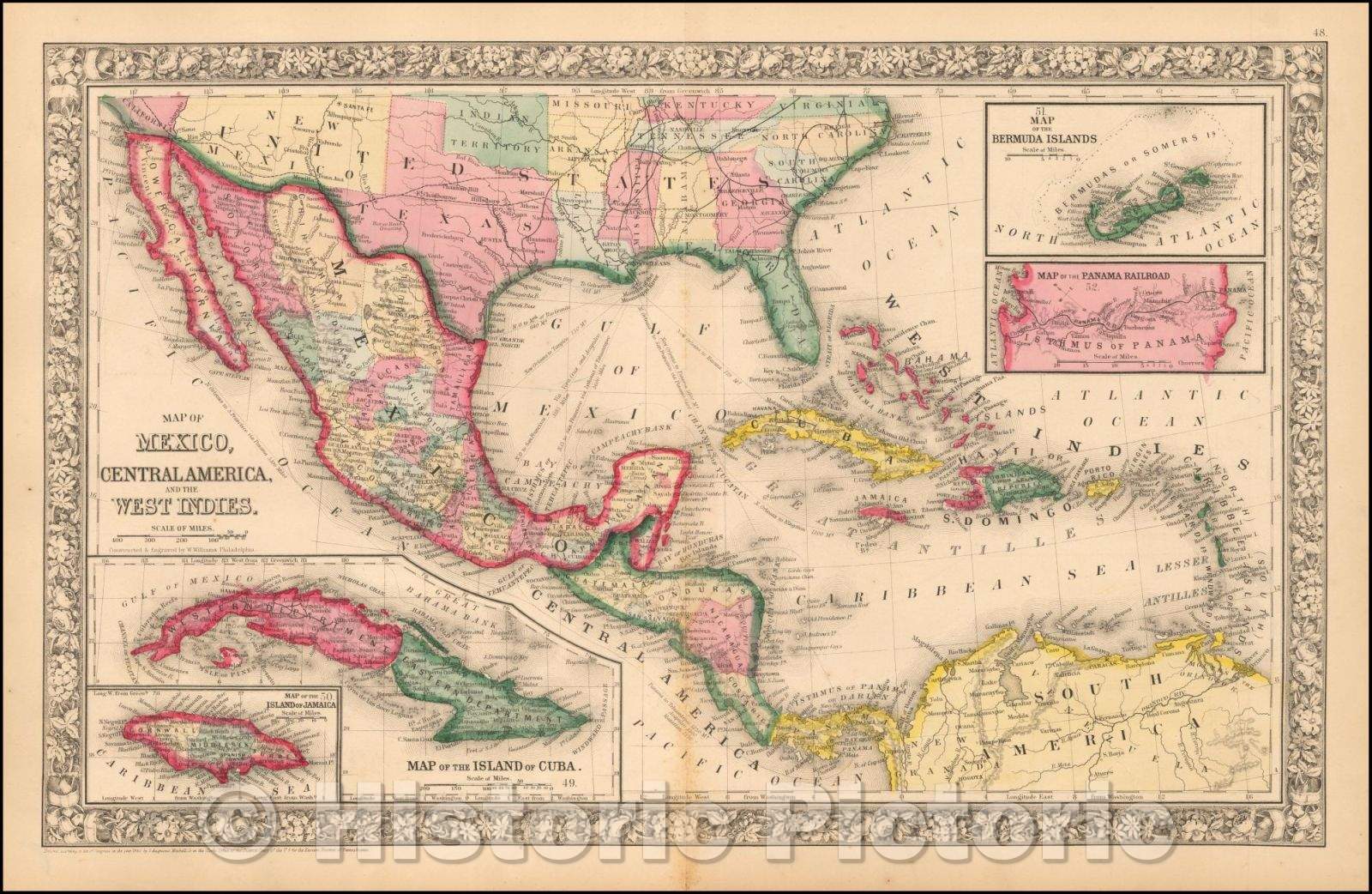 Historic Map - Map of Mexico, Central America, and the West Indies [Insets of Bermuda, Cuba, Jamaica and Panama Railroad], 1852, Samuel Augustus Mitchell Jr. - Vintage Wall Art