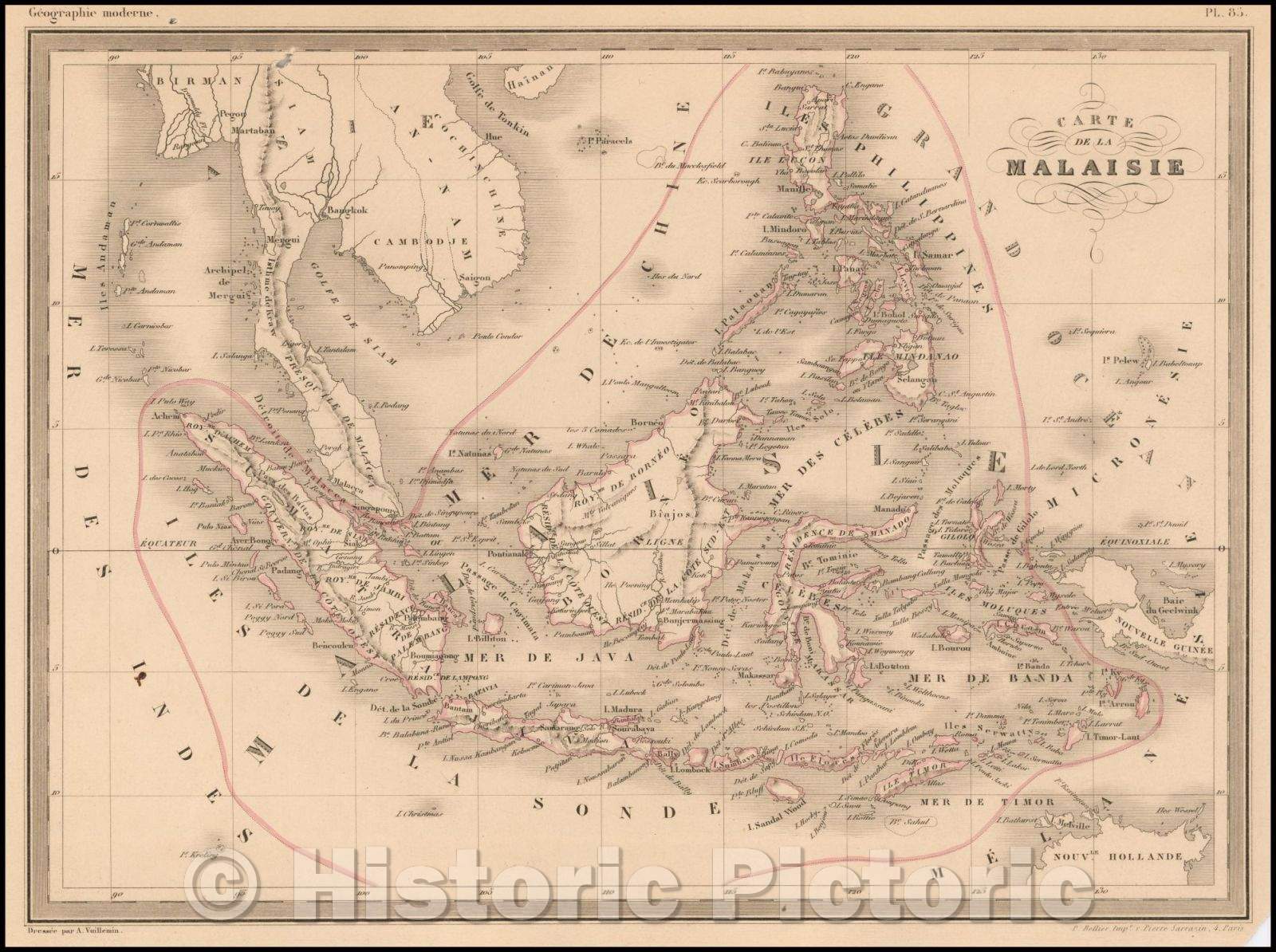 Historic Map - Carte de la Malaisie/Map of Malaysia, 1843, Alexandre Vuillemin - Vintage Wall Art