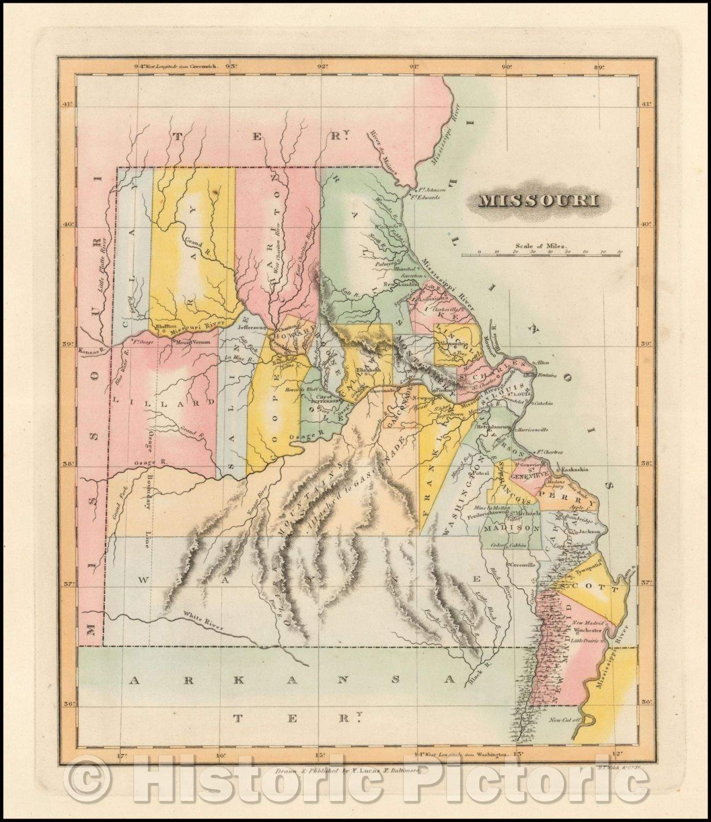 Historic Map - Missouri, 1823, Fielding Lucas Jr. - Vintage Wall Art