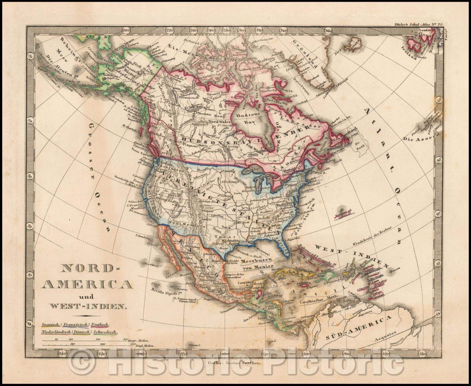 Historic Map - Nord-America und West-Indien/German School Atlas Map of the North America, 1856, Adolf Stieler - Vintage Wall Art