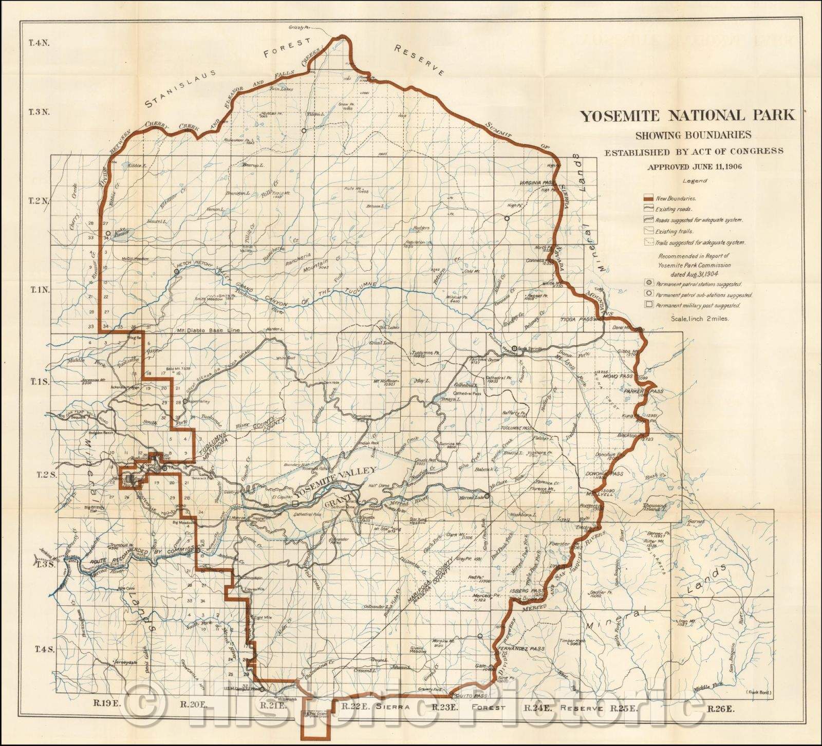 Historic Map - Yosemite National Park Showing Boundaries Established, 1906, United States Department of the Interior - Vintage Wall Art