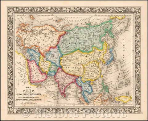 Historic Map - Map of Asia Showing its Gt. Political Divisions and.Routes of Trade between London & India, China, Japan, 1861, Samuel Augustus Mitchell Jr. - Vintage Wall Art