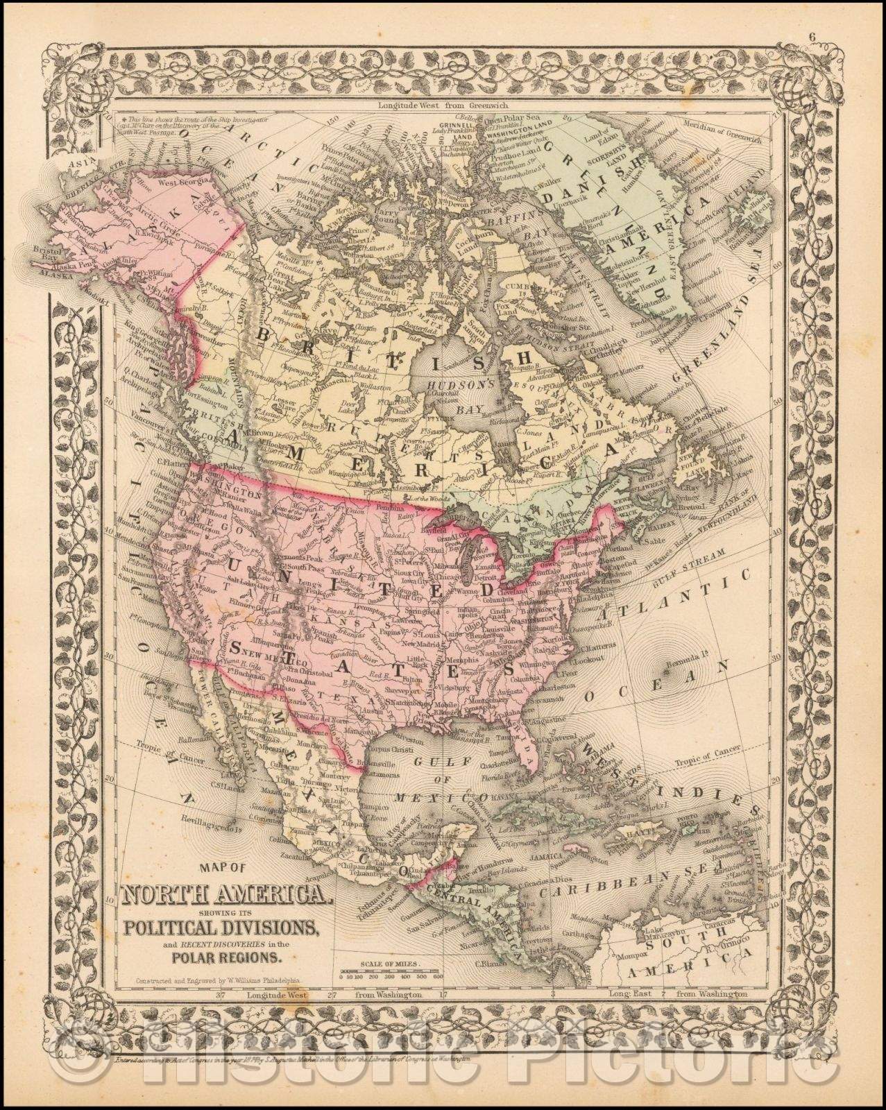 Historic Map - Map of North America Showing Its Political Divisions, and Recent Discoveries in the Polar Regions, 1865, Samuel Augustus Mitchell Jr. v1
