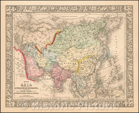 Historic Map - Map of Asia Showing its Gt. Political Divisions and.Routes of Trade between London & India, China, Japan, 1865, Samuel Augustus Mitchell Jr. v2