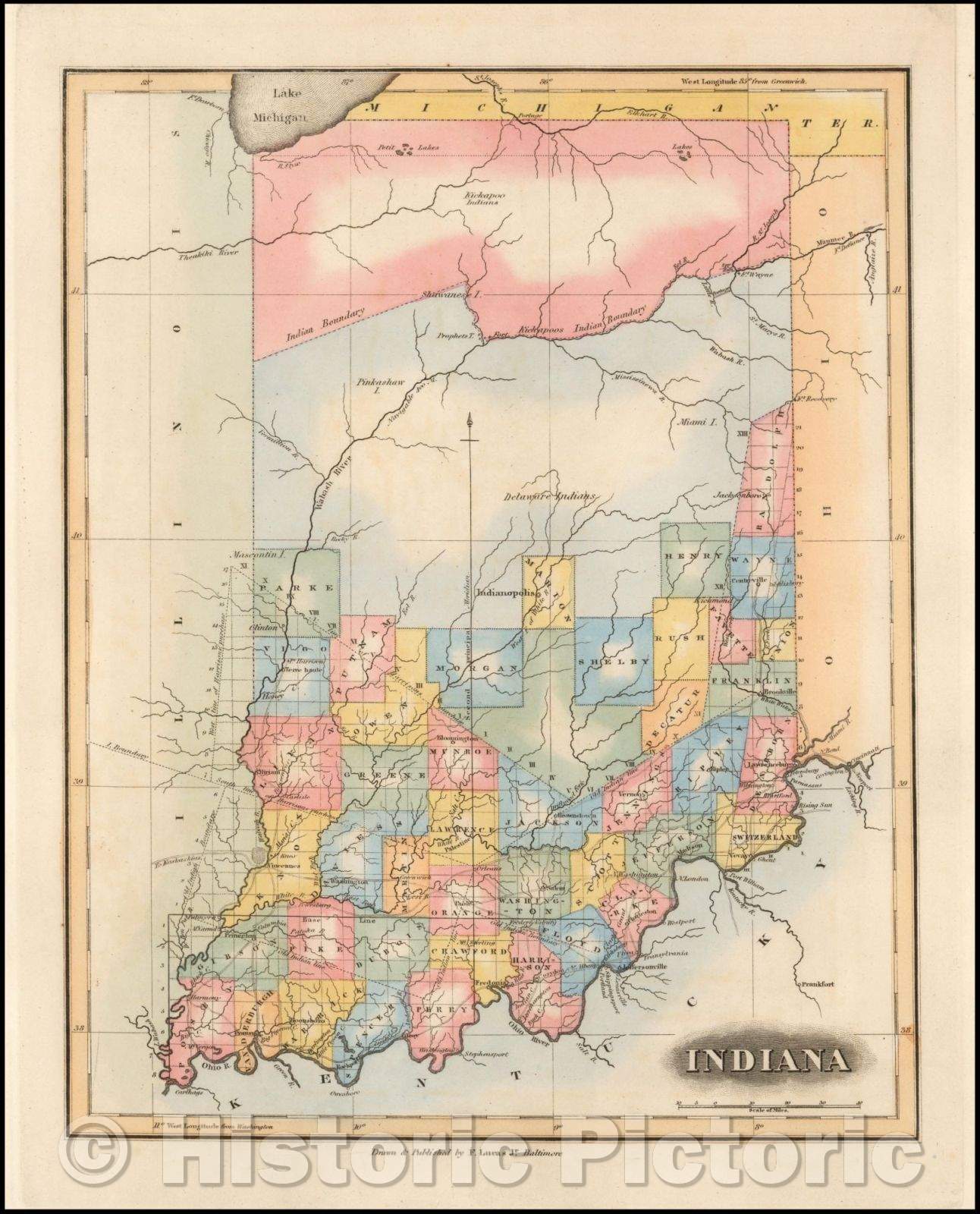 Historic Map - Indiana, 1823, Fielding Lucas Jr. - Vintage Wall Art