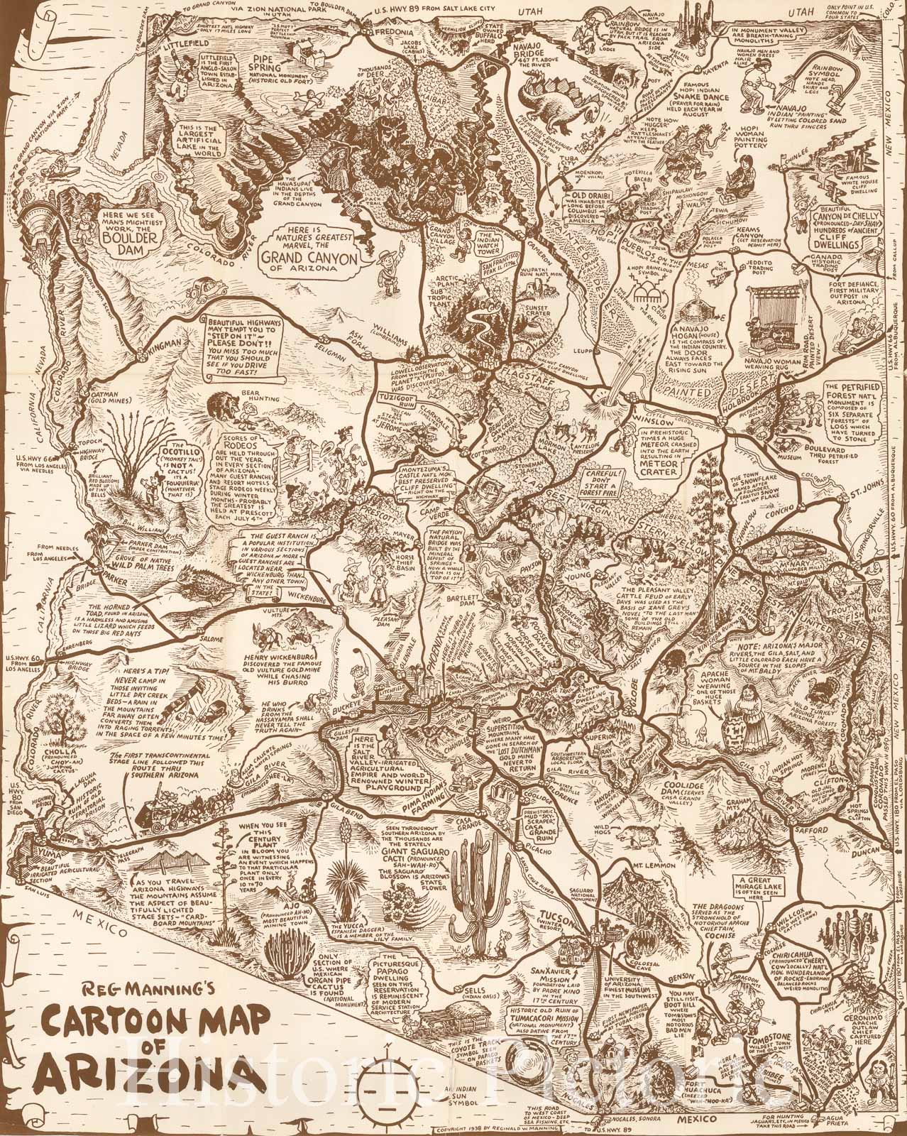 Historic Map - Reg Manning's Cartoon Map of Arizona, 1938, Reginald Manning - Vintage Wall Art