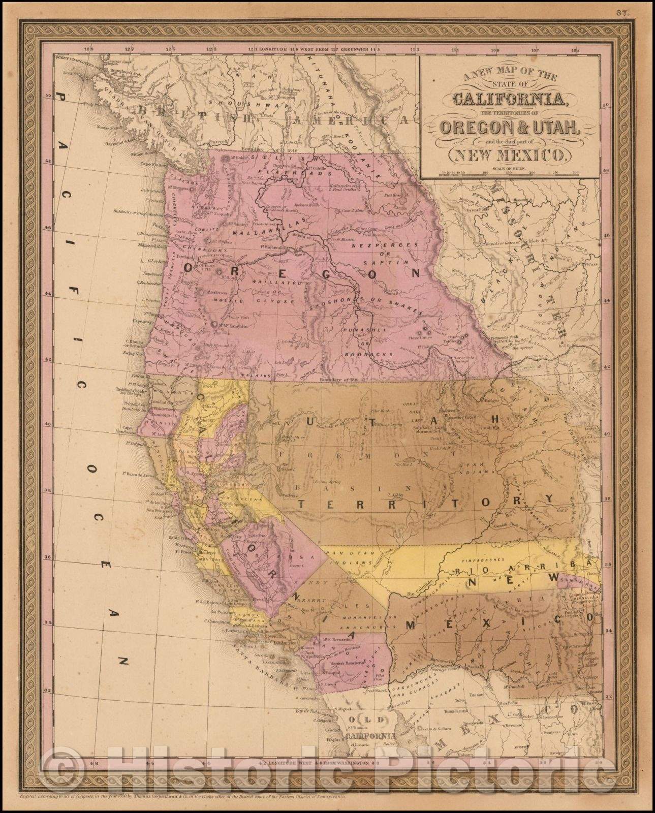 Historic Map - The State Of California, The Territories Of Oregon & Utah, and the Chief part of New Mexico, 1851, Thomas, Cowperthwait & Co. v1