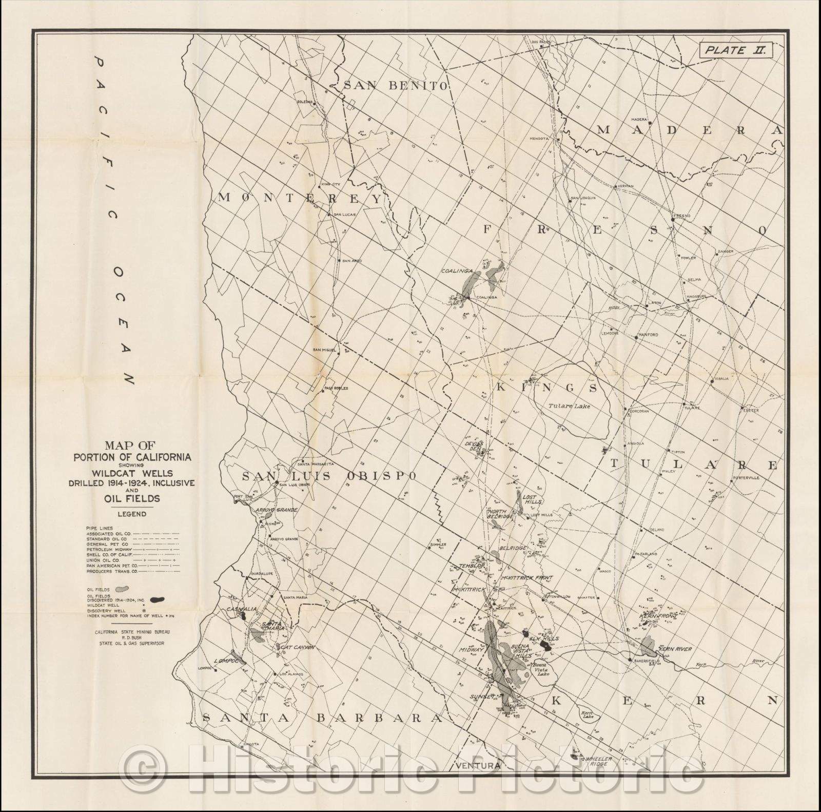 Historic Map - Map of Portion of California Showing Wildcat Wells Drilled 1914-1924, inclusive and Oil Fields, 1925, California State Mining Bureau - Vintage Wall Art