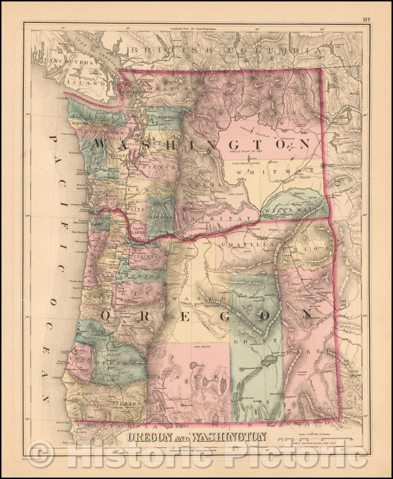 Historic Map - Oregon and Washington, 1876, OW Gray - Vintage Wall Art