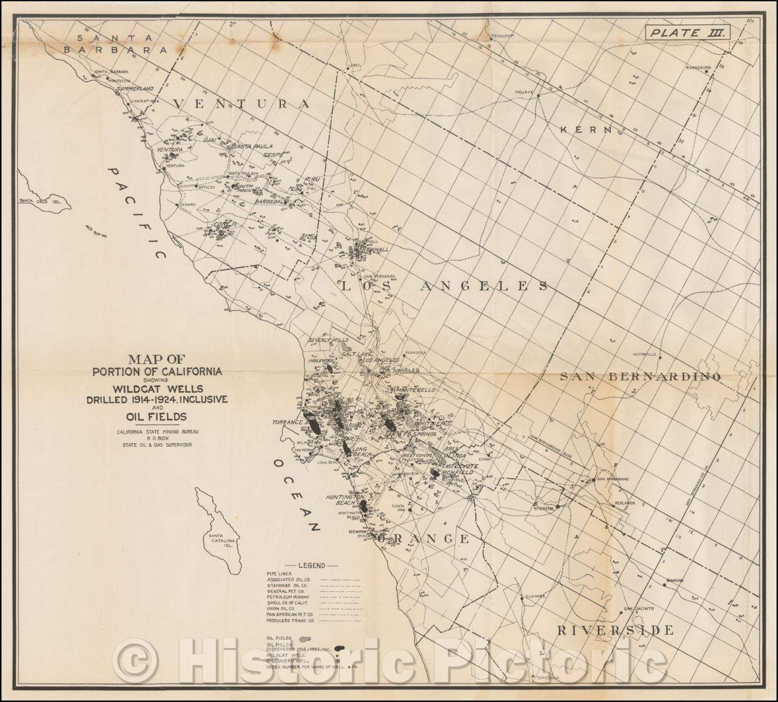 Historic Map - Southern California Oil Drilling Map of Portion of California Showing Wildcat Wells Drilled 1914-1924, inclusive and Oil Fields, 1925 - Vintage Wall Art