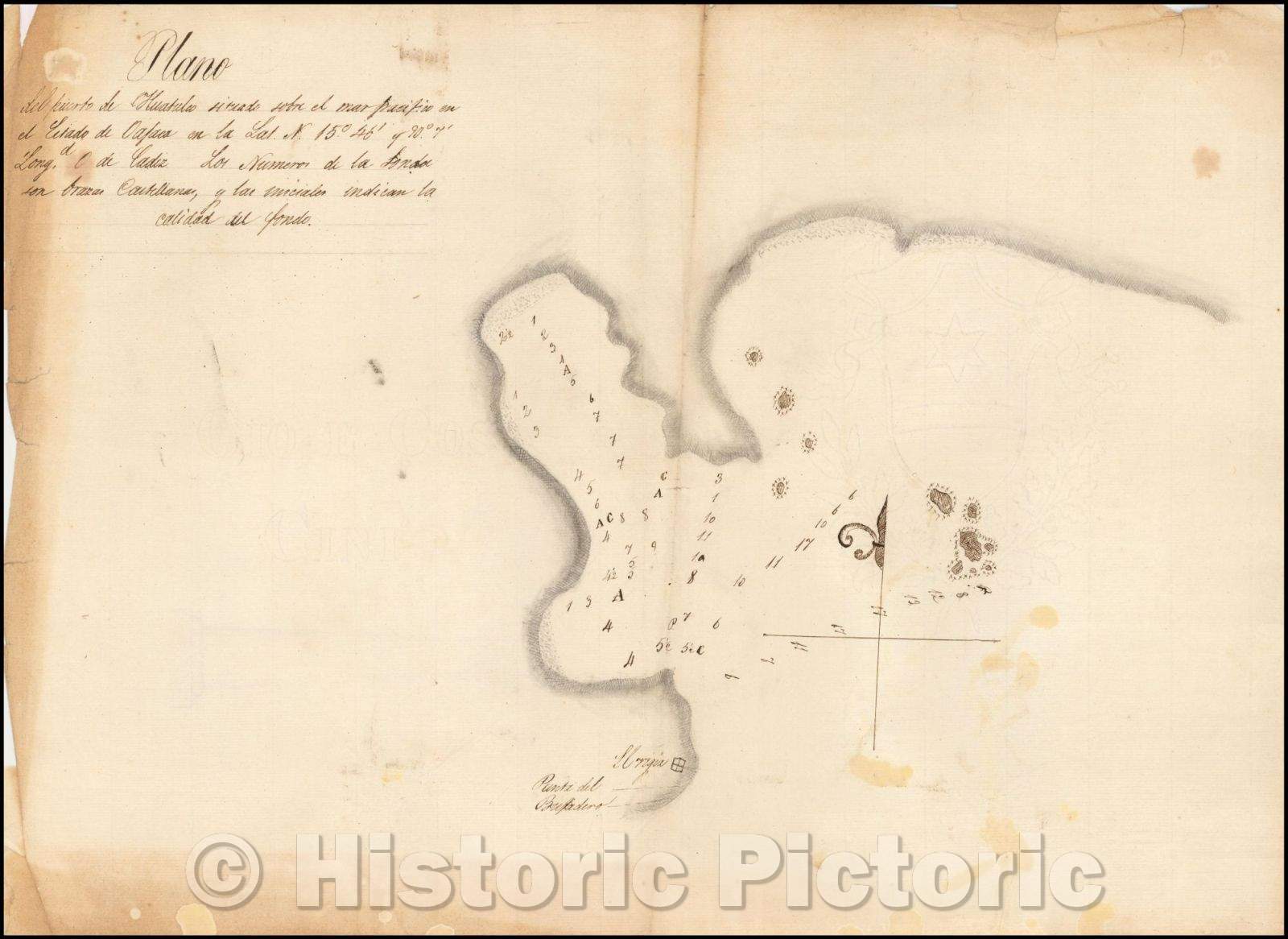 Historic Map - Plano del puerto de Huatulco situado sobre el Oceano Pacifico en el Estado de Oaxaca /,Manuscript Plan of Huatulco, Oaxaca, 1800, Anonymous - Vintage Wall Art
