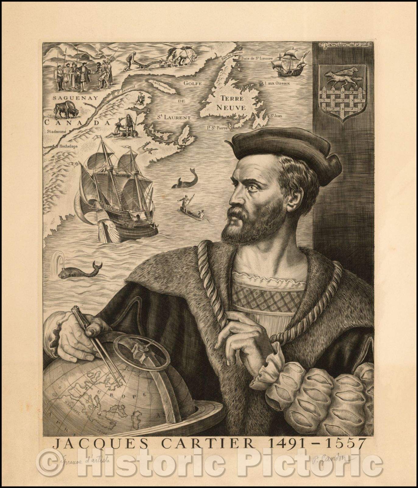 Historic Map - (Canada) Jacques Cartier 1491-1557/(Canada) Jacques Cartier 1491-1557, 1900, P. Landon - Vintage Wall Art