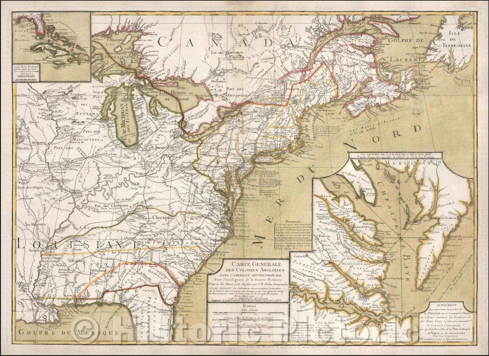 Historic Map - Carte Generale des Colonies Angloises dans l'Amerique/Carte Generale des Angloises Colonies in America, 1783, Rene Phelippeaux - Vintage Wall Art