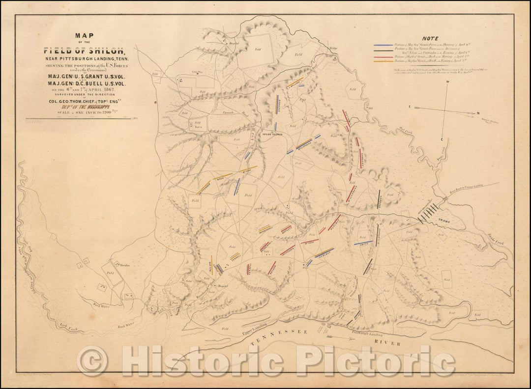 Historic Map - Map of the Field of Shiloh Near Pittsburgh Landing, Tenn. Shewing The Positions of the U.S. Forces, 1862, Otto H. Matz - Vintage Wall Art