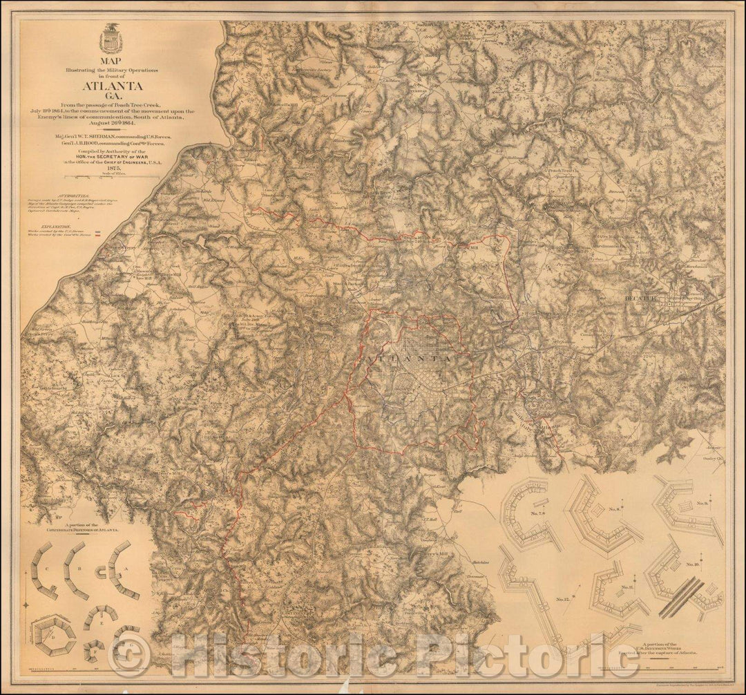 Historic Map - Map Illustrating the Military Operations in Front of Atlanta, Ga. From the Passage of Peach Tree Creek, July 19th 1864, 1875 - Vintage Wall Art