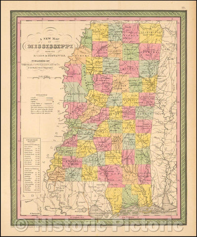 Historic Map - The State Of Mississippi with its Roads & Distances, 1852, Thomas, Cowperthwait & Co. - Vintage Wall Art
