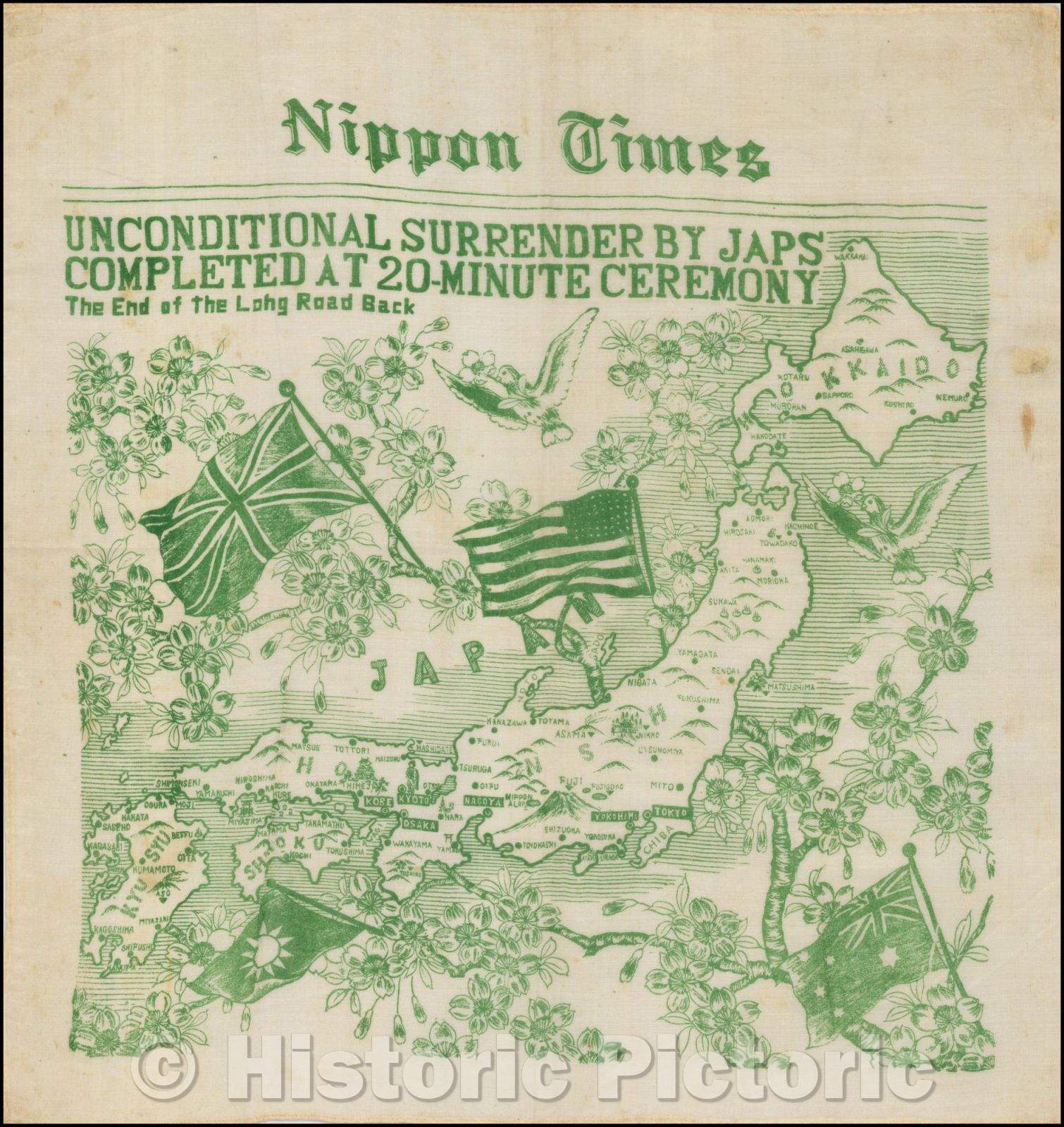 Historic Map - Japan - WWII Propaganda Map, Unconditional Surrender Completed At 20-Minute Ceremony, 1945, - Vintage Wall Art
