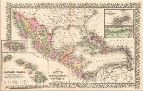 Historic Map - Map of Mexico, Central America, and the West Indies [Insets of Bermuda, Sandwich Islands, Jamaica and Panama Railroad], 1872 - Vintage Wall Art