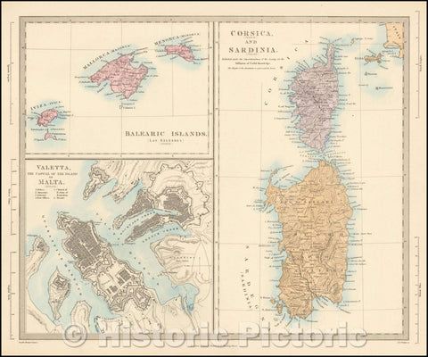 Historic Map - Valetta, the Capital of the Island of Malta [with] Balearic Islands [and] Corsica and Sardinia, 1855, SDUK - Vintage Wall Art