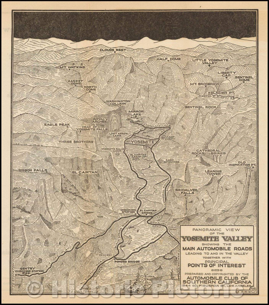 Historic Map - Panoramic View of the Yosemite Valley Showing the Main Automobile Roads Leading to and in the Valley Together, 1916 - Vintage Wall Art